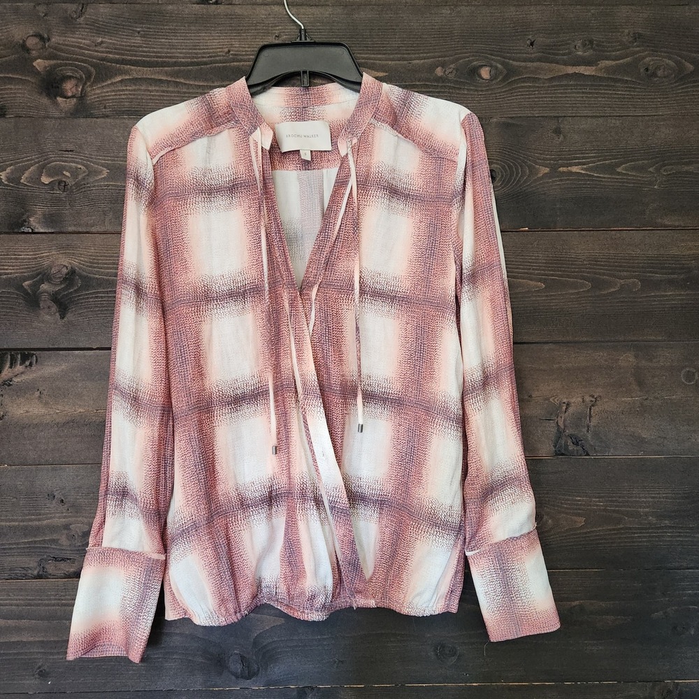 Brochu Walker Mauve Plaid Surplice Tie Neck Blouse Small Pink Cream